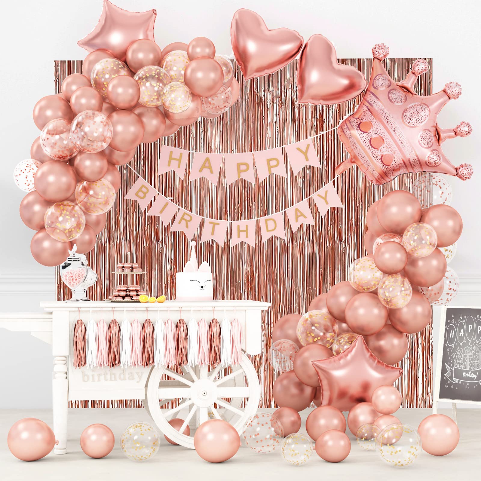 RUBFAC Rose Gold Birthday Decorations Set for Women with Birthday Banner Background Confetti Balloons and Tri-color Tassel Garland for Girls Women