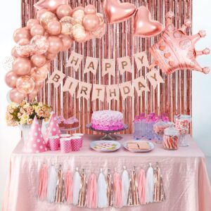 RUBFAC Rose Gold Birthday Decorations Set for Women with Birthday Banner Background Confetti Balloons and Tri-color Tassel Garland for Girls Women