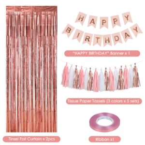 RUBFAC Rose Gold Birthday Decorations Set for Women with Birthday Banner Background Confetti Balloons and Tri-color Tassel Garland for Girls Women