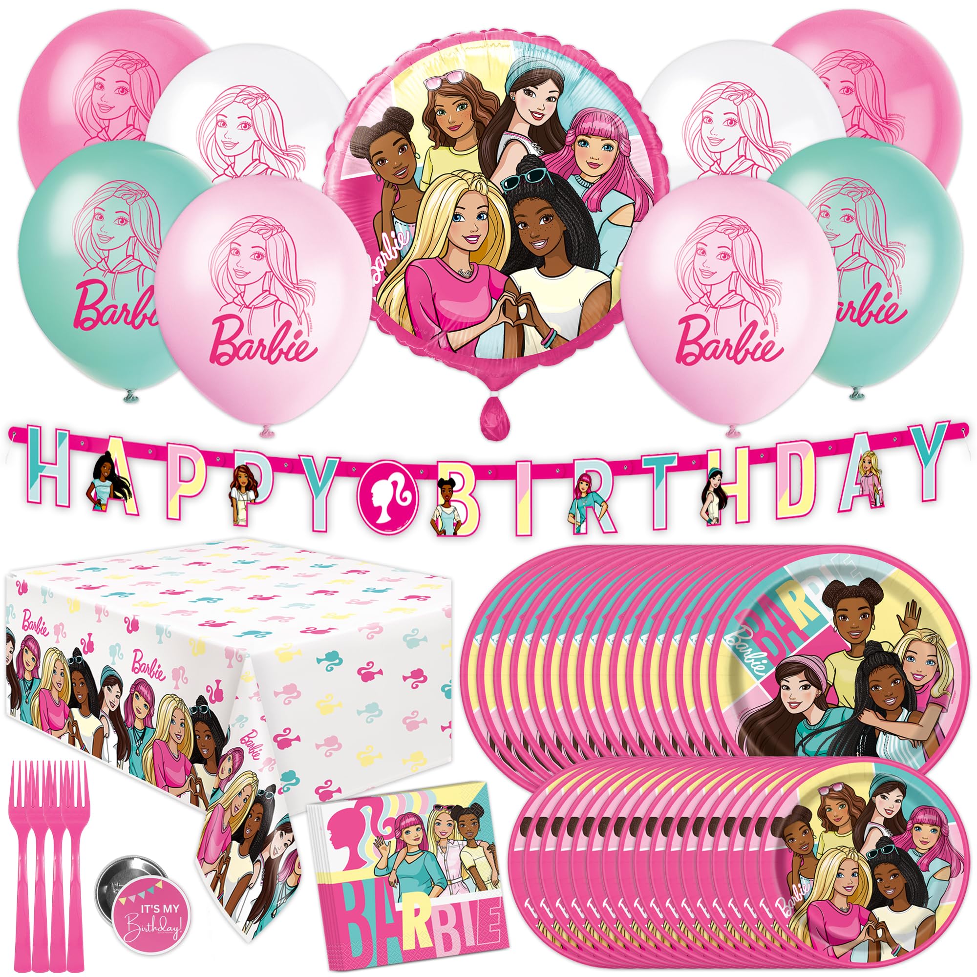 Unique Barbie Party Decorations | Serves 16 Guests | Officially Licensed | Barbie Birthday Decorations | Barbie Birthday Party Supplies | Barbie Balloons, Banner, Tablecover, Plates, Napkins, Button