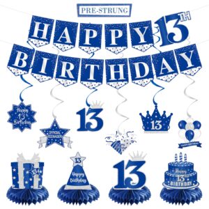 pre-strung official teenager 13th birthday decorations for boys girls, happy 13th birthday letter banner sign hanging swirls honeycomb centerpieces kit blue, 13 year birthday party backdrop, phxey