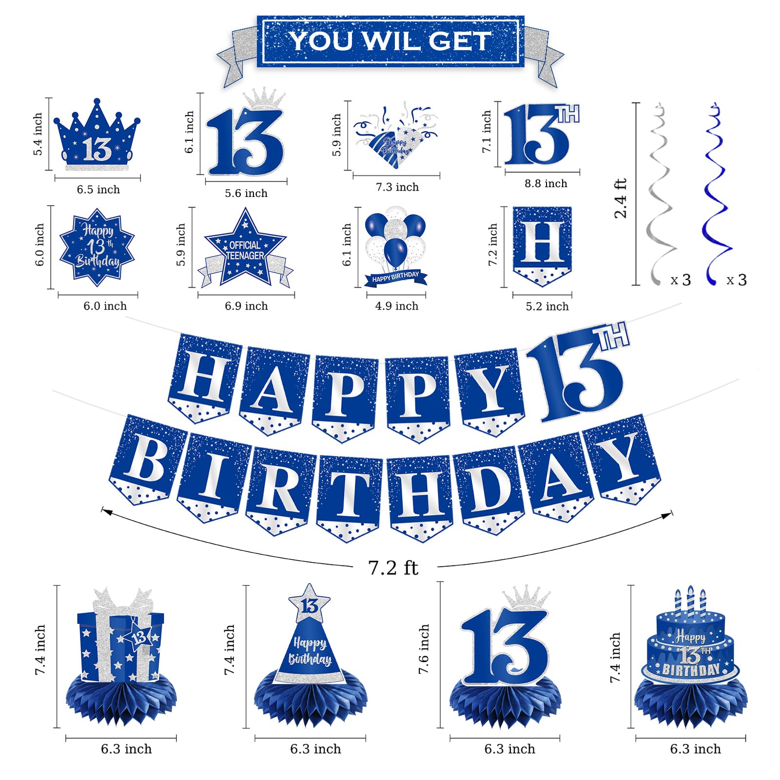 PRE-STRUNG Official Teenager 13th Birthday Decorations for Boys Girls, Happy 13th Birthday Letter Banner Sign Hanging Swirls Honeycomb Centerpieces Kit Blue, 13 Year Birthday Party Backdrop, PHXEY