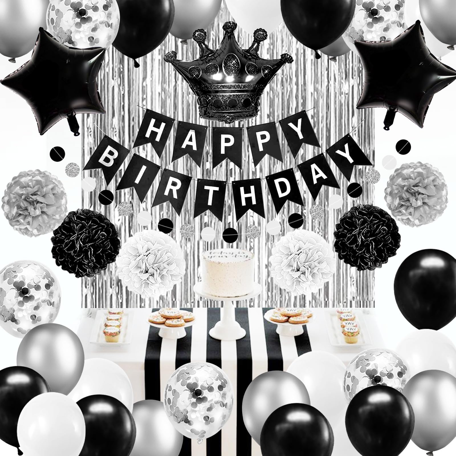 Black and Silver Birthday Party Decorations for Men Women Boys Girls Happy Birthday Banner Balloons Foil Fringe Curtains Black and White Party Decorations