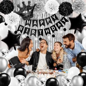 Black and Silver Birthday Party Decorations for Men Women Boys Girls Happy Birthday Banner Balloons Foil Fringe Curtains Black and White Party Decorations