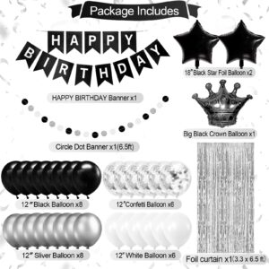 Black and Silver Birthday Party Decorations for Men Women Boys Girls Happy Birthday Banner Balloons Foil Fringe Curtains Black and White Party Decorations