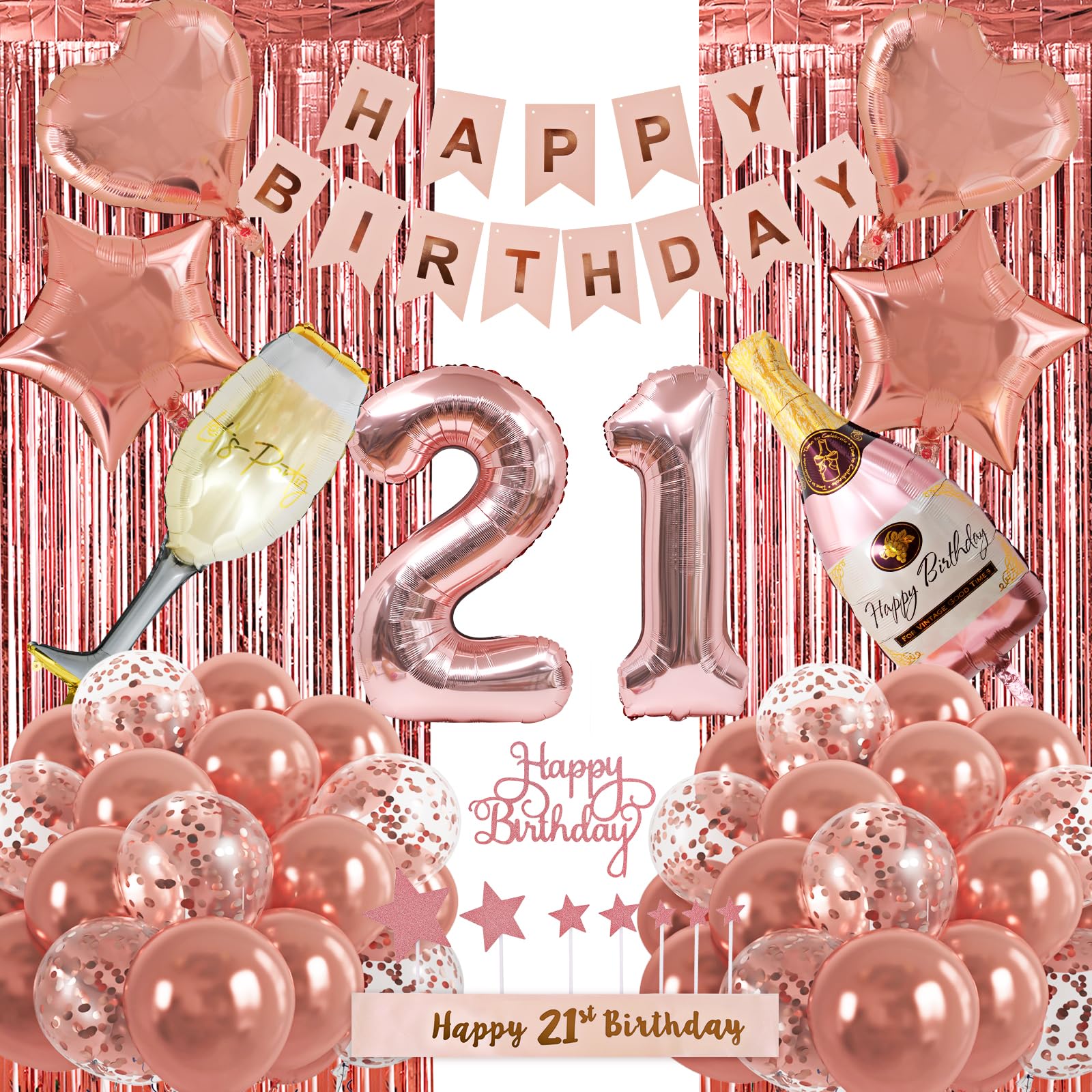 RUBFAC 21st Birthday Decorations for Girls, Rose Gold Sweet 21 Birthday Party Decoration for Her, 21st Happy Birthday Pre-Strung Banner Kits Rose Gold Balloons Decoration for Birthday Party Supplies