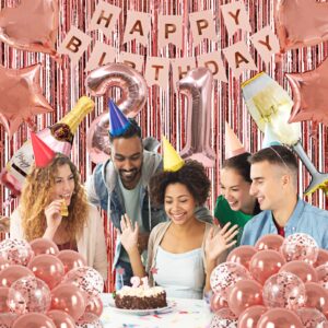 RUBFAC 21st Birthday Decorations for Girls, Rose Gold Sweet 21 Birthday Party Decoration for Her, 21st Happy Birthday Pre-Strung Banner Kits Rose Gold Balloons Decoration for Birthday Party Supplies