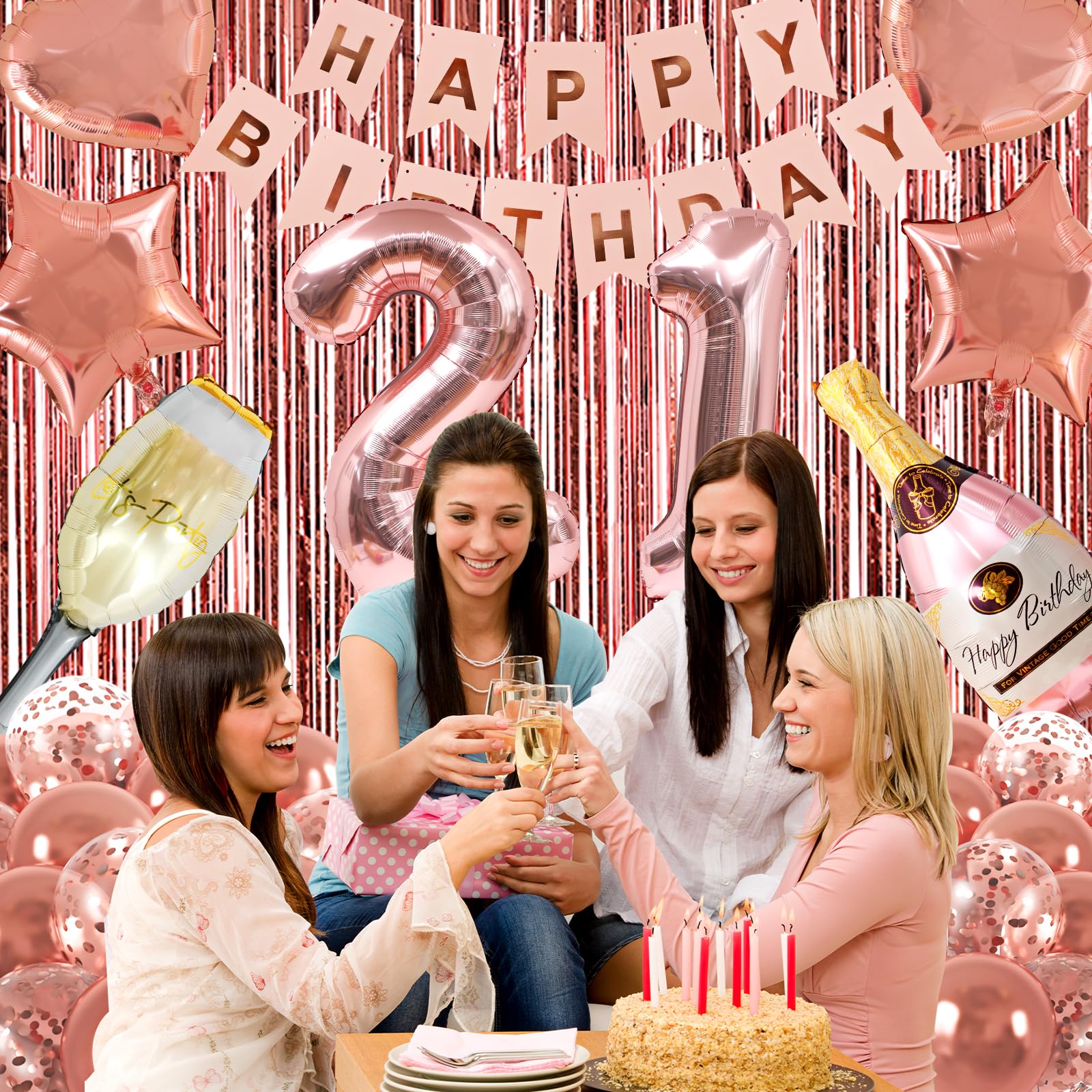 RUBFAC 21st Birthday Decorations for Girls, Rose Gold Sweet 21 Birthday Party Decoration for Her, 21st Happy Birthday Pre-Strung Banner Kits Rose Gold Balloons Decoration for Birthday Party Supplies