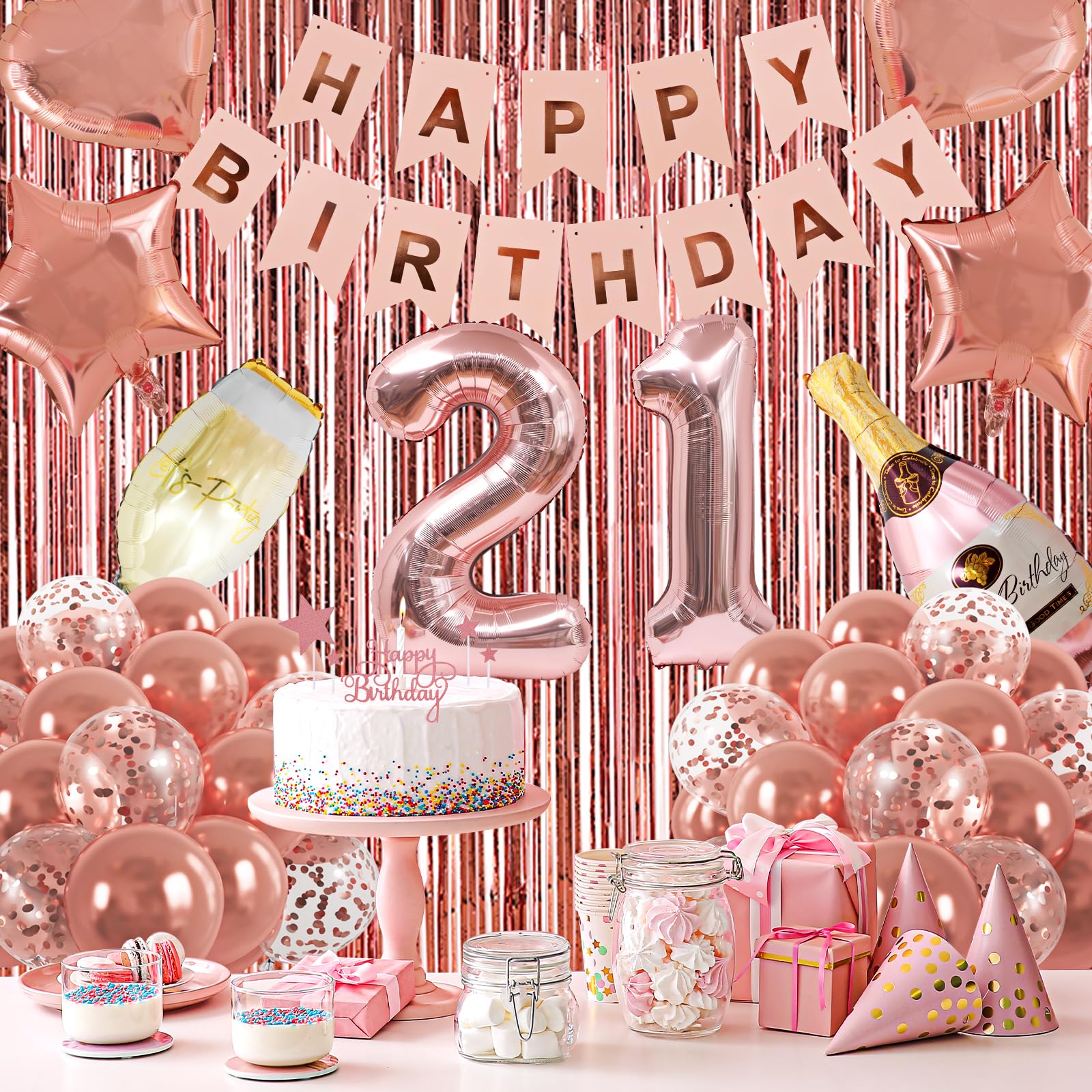 RUBFAC 21st Birthday Decorations for Girls, Rose Gold Sweet 21 Birthday Party Decoration for Her, 21st Happy Birthday Pre-Strung Banner Kits Rose Gold Balloons Decoration for Birthday Party Supplies