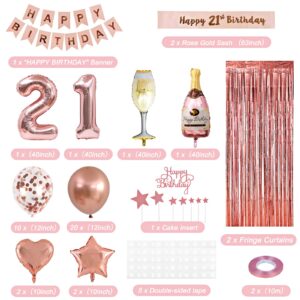 RUBFAC 21st Birthday Decorations for Girls, Rose Gold Sweet 21 Birthday Party Decoration for Her, 21st Happy Birthday Pre-Strung Banner Kits Rose Gold Balloons Decoration for Birthday Party Supplies