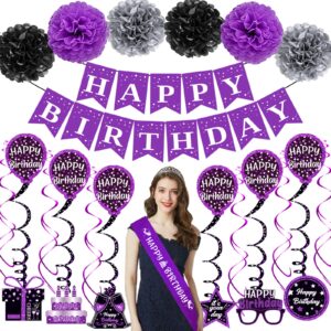 birthday decorations purple black, happy birthday party decorations for women girls men boys, happy birthday banner, double-sided bday pattern card, birthday sash, pompoms,hanging swirl bday decor set