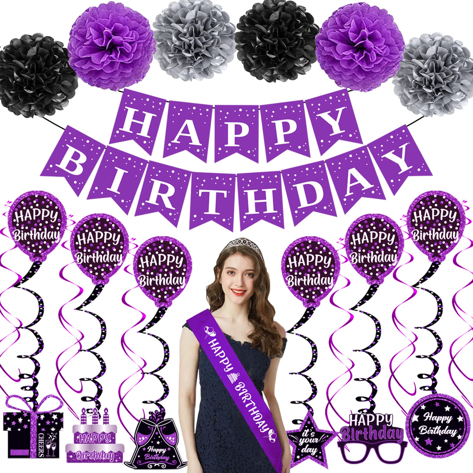 Birthday Decorations Purple Black, Happy Birthday Party Decorations for Women Girls Men Boys, Happy Birthday Banner, Double-Sided Bday Pattern Card, Birthday Sash, Pompoms,Hanging Swirl Bday Decor Set