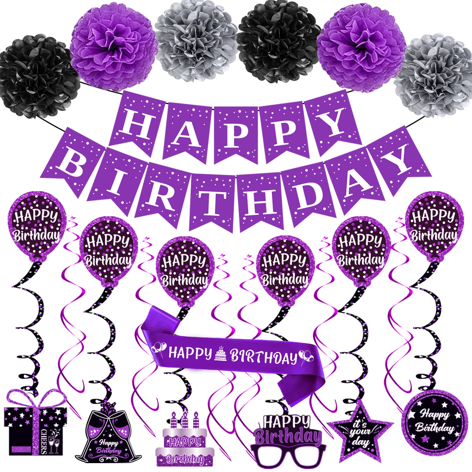 Birthday Decorations Purple Black, Happy Birthday Party Decorations for Women Girls Men Boys, Happy Birthday Banner, Double-Sided Bday Pattern Card, Birthday Sash, Pompoms,Hanging Swirl Bday Decor Set