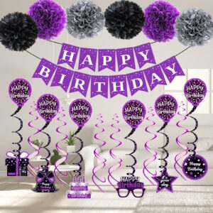 Birthday Decorations Purple Black, Happy Birthday Party Decorations for Women Girls Men Boys, Happy Birthday Banner, Double-Sided Bday Pattern Card, Birthday Sash, Pompoms,Hanging Swirl Bday Decor Set