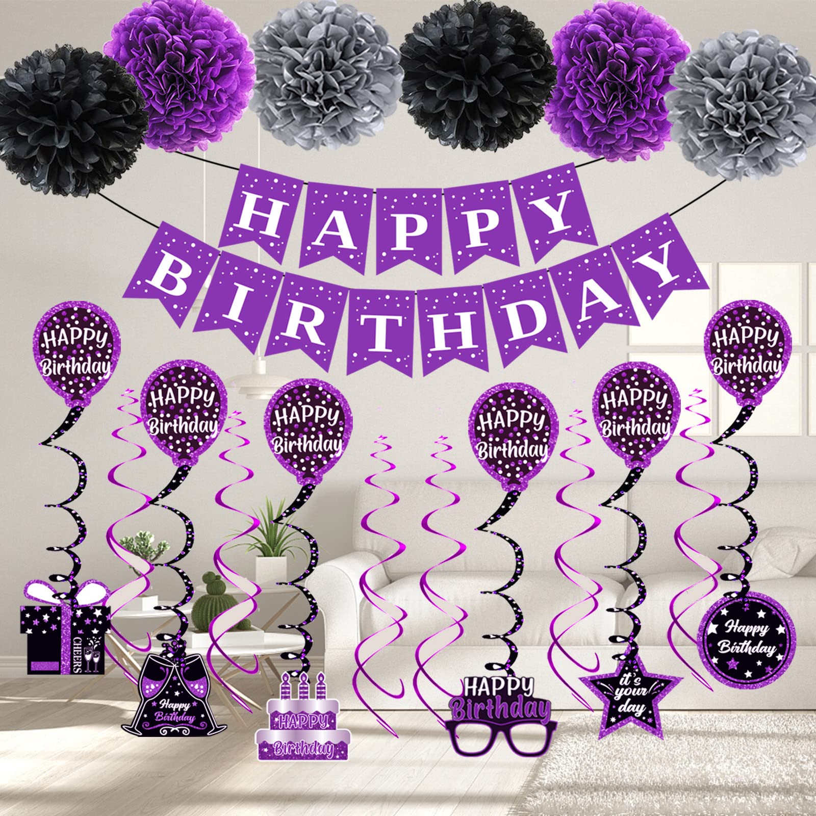 Birthday Decorations Purple Black, Happy Birthday Party Decorations for Women Girls Men Boys, Happy Birthday Banner, Double-Sided Bday Pattern Card, Birthday Sash, Pompoms,Hanging Swirl Bday Decor Set