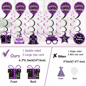 Birthday Decorations Purple Black, Happy Birthday Party Decorations for Women Girls Men Boys, Happy Birthday Banner, Double-Sided Bday Pattern Card, Birthday Sash, Pompoms,Hanging Swirl Bday Decor Set