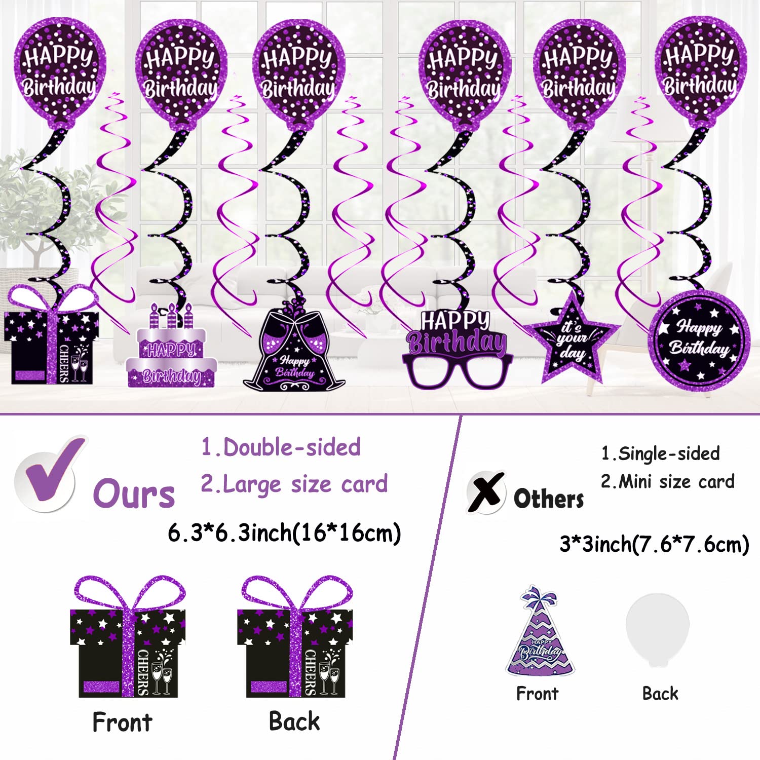 Birthday Decorations Purple Black, Happy Birthday Party Decorations for Women Girls Men Boys, Happy Birthday Banner, Double-Sided Bday Pattern Card, Birthday Sash, Pompoms,Hanging Swirl Bday Decor Set