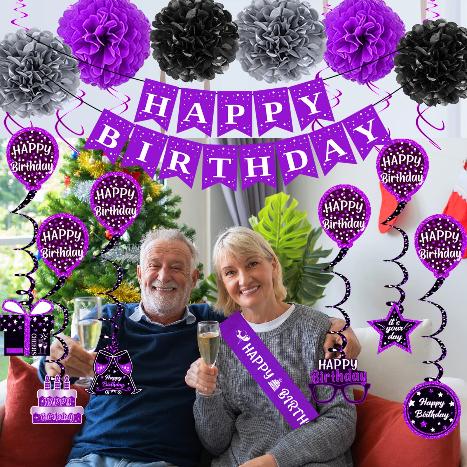 Birthday Decorations Purple Black, Happy Birthday Party Decorations for Women Girls Men Boys, Happy Birthday Banner, Double-Sided Bday Pattern Card, Birthday Sash, Pompoms,Hanging Swirl Bday Decor Set