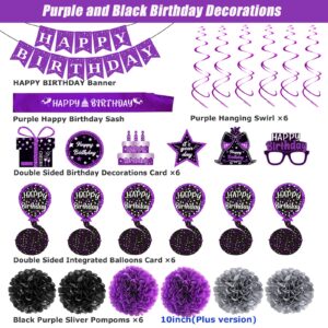 Birthday Decorations Purple Black, Happy Birthday Party Decorations for Women Girls Men Boys, Happy Birthday Banner, Double-Sided Bday Pattern Card, Birthday Sash, Pompoms,Hanging Swirl Bday Decor Set