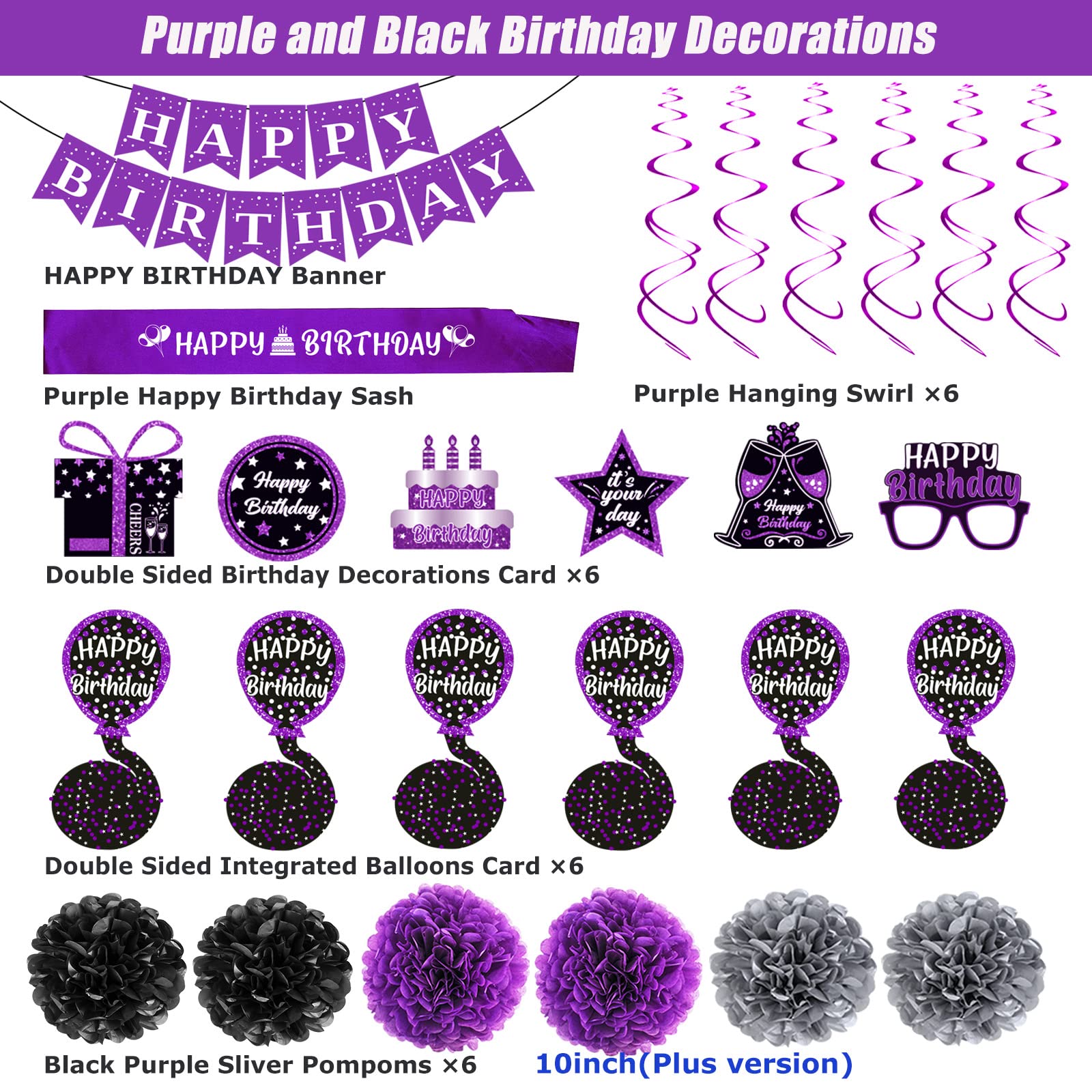 Birthday Decorations Purple Black, Happy Birthday Party Decorations for Women Girls Men Boys, Happy Birthday Banner, Double-Sided Bday Pattern Card, Birthday Sash, Pompoms,Hanging Swirl Bday Decor Set