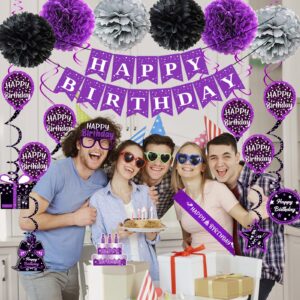 Birthday Decorations Purple Black, Happy Birthday Party Decorations for Women Girls Men Boys, Happy Birthday Banner, Double-Sided Bday Pattern Card, Birthday Sash, Pompoms,Hanging Swirl Bday Decor Set