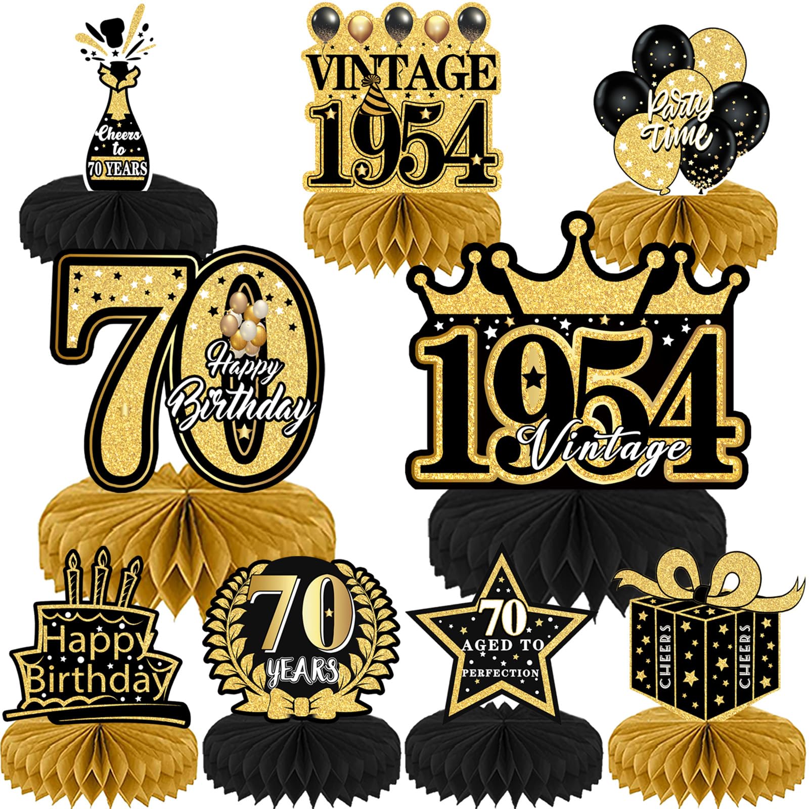 Refavor 70th Birthday Decorations - 9pcs Happy 70th Birthday Decorations Men Women Cheer Black Gold Table Decoraions 1954 Vintage Honeycomb Centerpieces 70 Years Birthday Party Decor Men