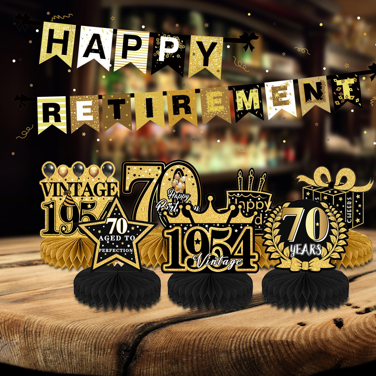 Refavor 70th Birthday Decorations - 9pcs Happy 70th Birthday Decorations Men Women Cheer Black Gold Table Decoraions 1954 Vintage Honeycomb Centerpieces 70 Years Birthday Party Decor Men