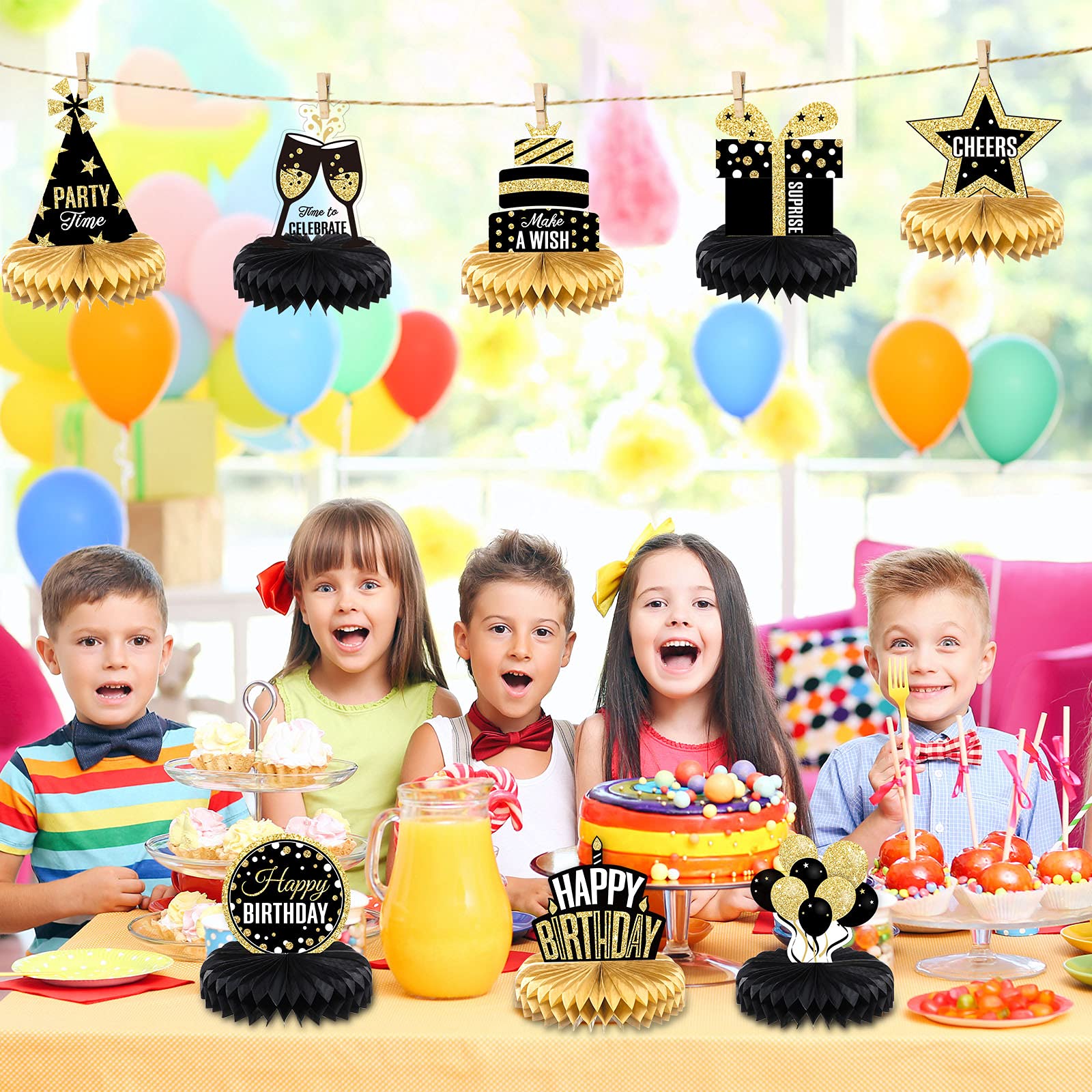 8 Pieces Happy Birthday Party Decorations Supplies Birthday Honeycomb Centerpieces Birthday Table Toppers for Birthday Party Favor Photo Booth Props, Black and Gold