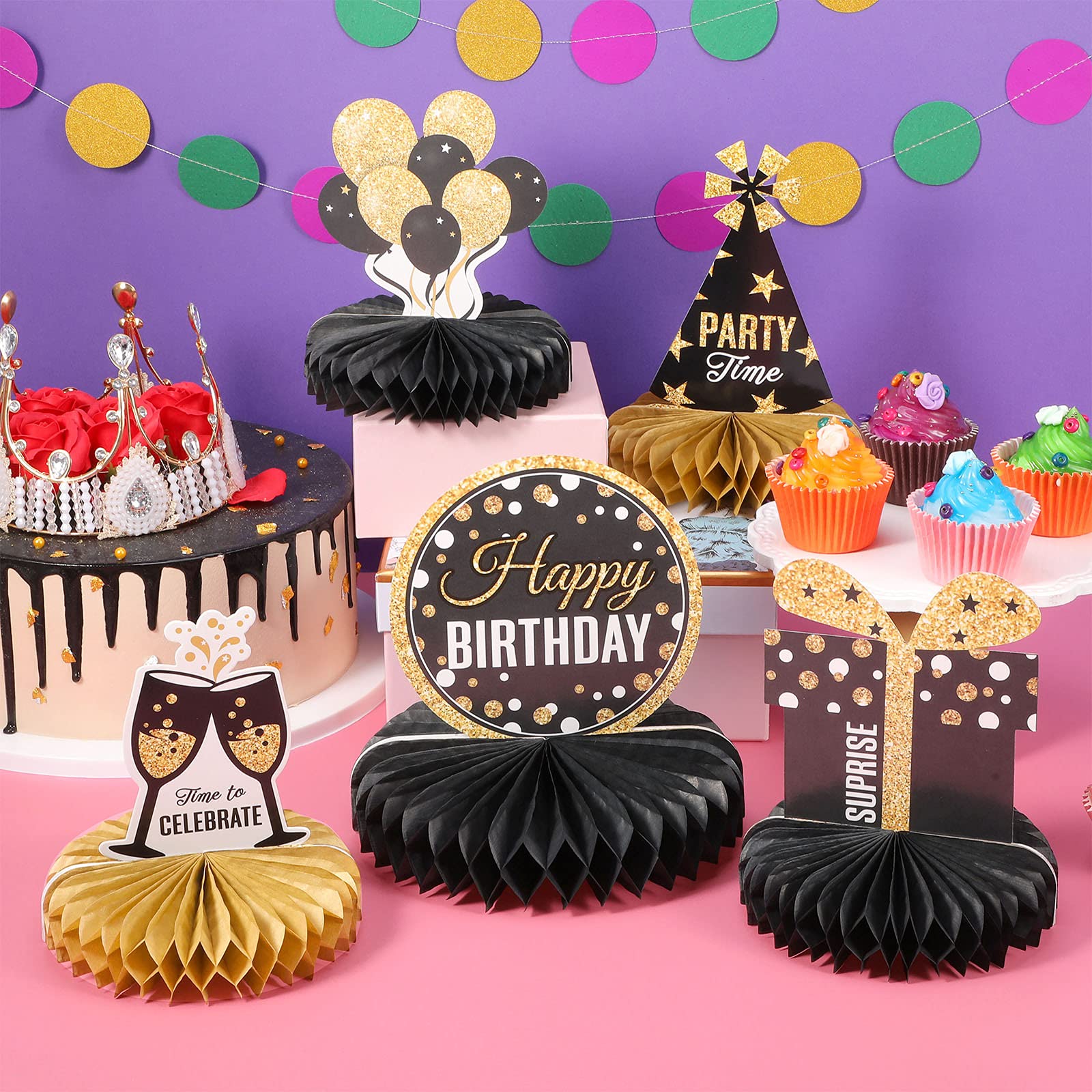 8 Pieces Happy Birthday Party Decorations Supplies Birthday Honeycomb Centerpieces Birthday Table Toppers for Birthday Party Favor Photo Booth Props, Black and Gold