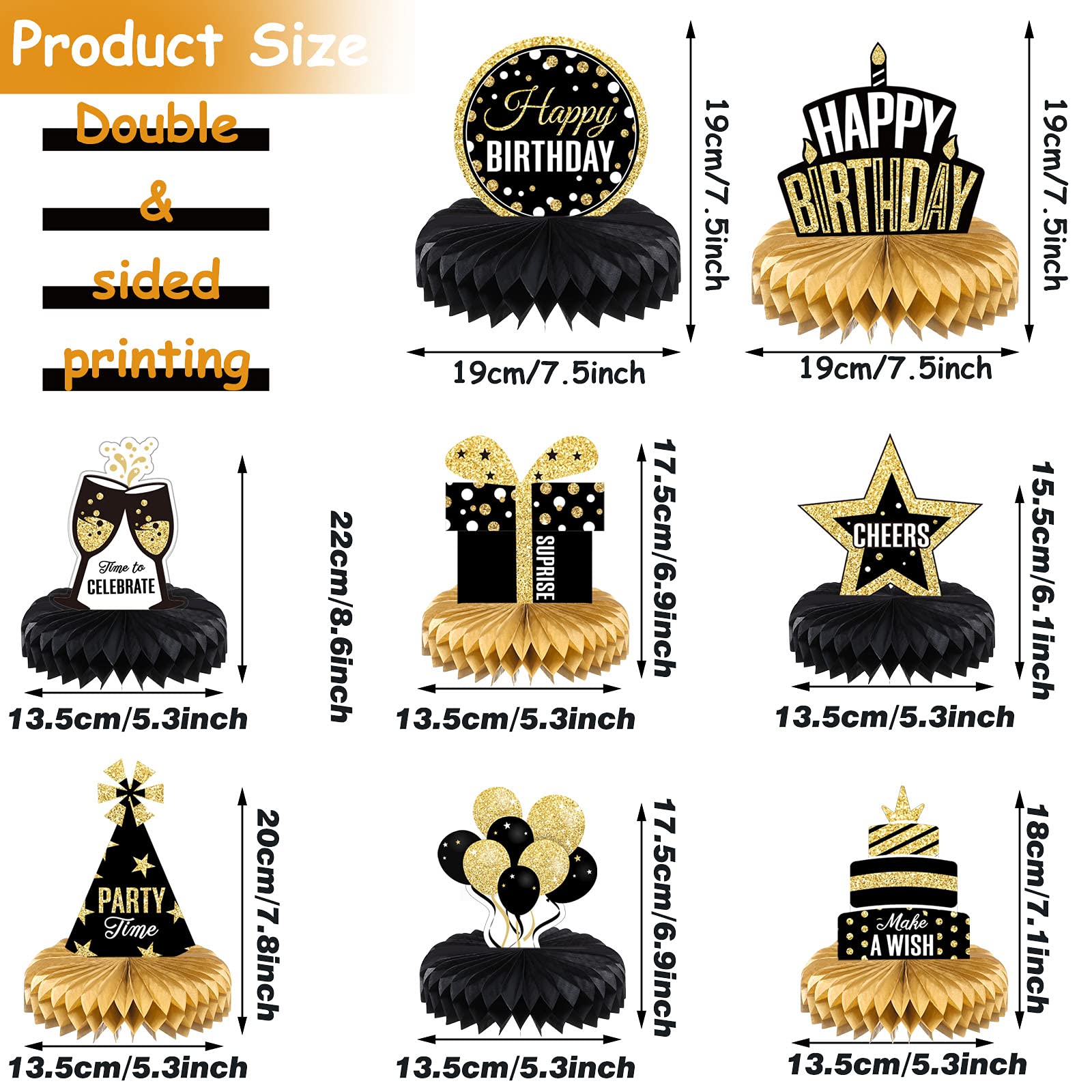 8 Pieces Happy Birthday Party Decorations Supplies Birthday Honeycomb Centerpieces Birthday Table Toppers for Birthday Party Favor Photo Booth Props, Black and Gold