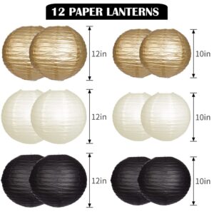 YUNXUAN Paper Lanterns Decorative, Black Gold Hanging Paper Lanterns with Lights for Graduation Anniversary Birthday Party 12 LED Light Round Chinese Lanterns 12" 10" Pack of 12