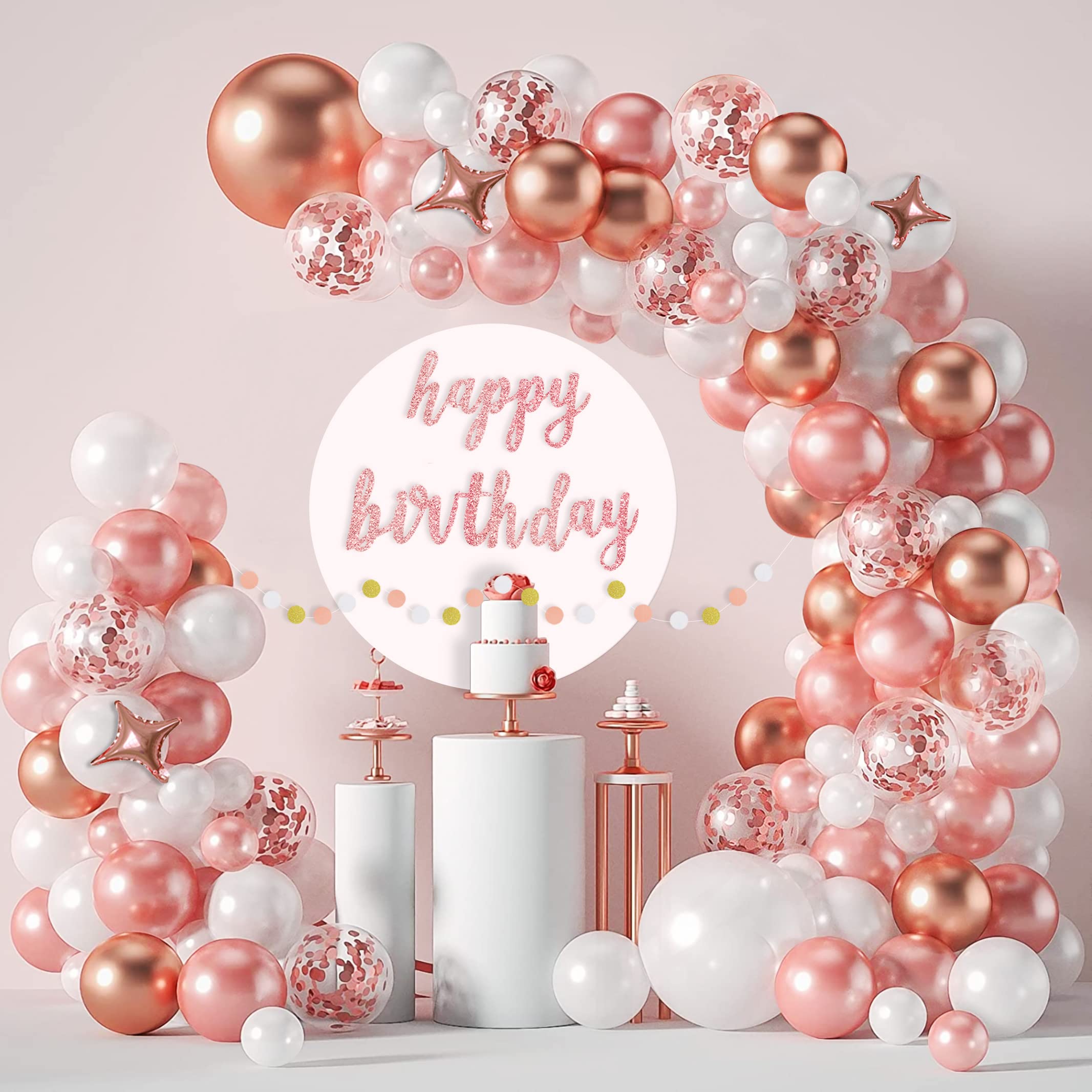 115pcs Rose Gold Birthday Party Decorations for Women Girls Kids, Happy Birthday Banner+Rose Gold White Confetti Metallic Balloons Garland Arch Kit+Circle dots Garland+Pump+Complete Accessories