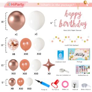 115pcs Rose Gold Birthday Party Decorations for Women Girls Kids, Happy Birthday Banner+Rose Gold White Confetti Metallic Balloons Garland Arch Kit+Circle dots Garland+Pump+Complete Accessories