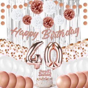 epiqueone 41-piece rose gold 40th birthday decorations for women | includes happy birthday banner, cake topper, tissue pom poms & more | easy to set up | also ideal for bridal and baby showers & more