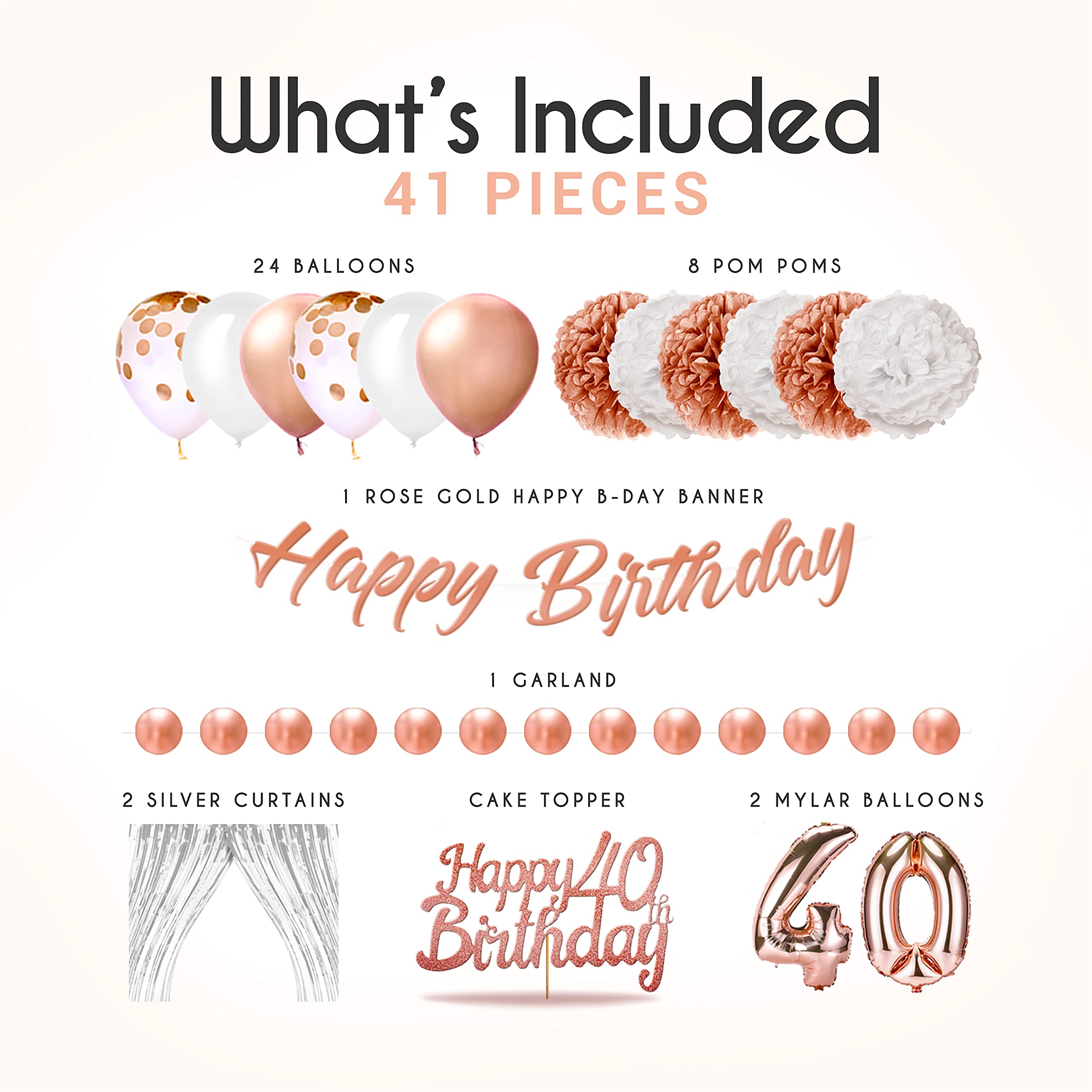 EpiqueOne 41-Piece Rose Gold 40th Birthday Decorations for Women | Includes Happy Birthday Banner, Cake Topper, Tissue Pom Poms & More | Easy to Set Up | Also Ideal for Bridal and Baby Showers & More