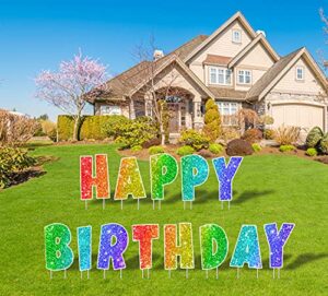 coonoe happy birthday yard sign with metal stakes - 16” outdoor lawn decorations, weather-resistant letters, birthday party supplies gift for kids & adults (glitter)