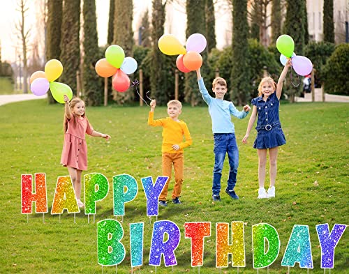 Coonoe Happy Birthday Yard Sign with Metal Stakes - 16” Outdoor Lawn Decorations, Weather-Resistant Letters, birthday party supplies gift for Kids & Adults (Glitter)