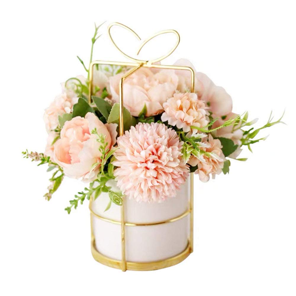 KIRIFLY Fake Artificial Flowers in Vase Faux Peony Silk Hydrangea Flower Centerpieces Décor for Wedding Table Decoration(Pink in Gold)