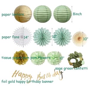 Sage Green Gold Birthday Party Decorations Paper Fans Paper Lanterns Sage Green Gold Scatter Table Decoration for Girls Women Birthday Sage Green Nature Baby Shower Party Decoration