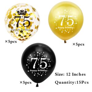 SHUNTAI 75th Birthday Balloons Black and Gold 75th Birthday Decorations for Men Women Happy 75 Birthday Latex Confetti Balloon 75 Years Old Theme Party Decor Supplies 15 Pack 12 Inch