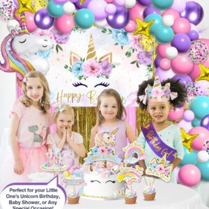 245 Pieces RainMeadow Unicorn Birthday Decorations for Girls Kit, All-in-1 Party Supplies Pack With Balloon Garland, Fringe Curtains, Foil Balloons, Backdrop, Crown, Sash - Pink, Purple, Teal, Gold