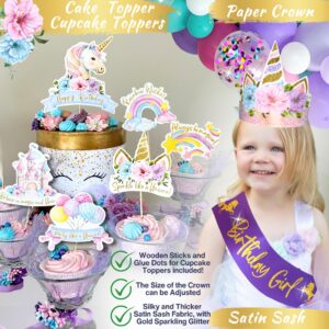 245 Pieces RainMeadow Unicorn Birthday Decorations for Girls Kit, All-in-1 Party Supplies Pack With Balloon Garland, Fringe Curtains, Foil Balloons, Backdrop, Crown, Sash - Pink, Purple, Teal, Gold