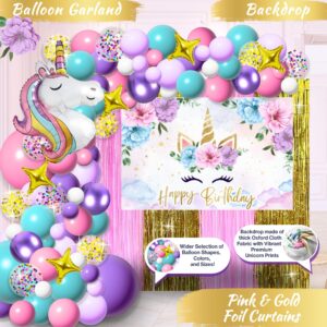 245 Pieces RainMeadow Unicorn Birthday Decorations for Girls Kit, All-in-1 Party Supplies Pack With Balloon Garland, Fringe Curtains, Foil Balloons, Backdrop, Crown, Sash - Pink, Purple, Teal, Gold