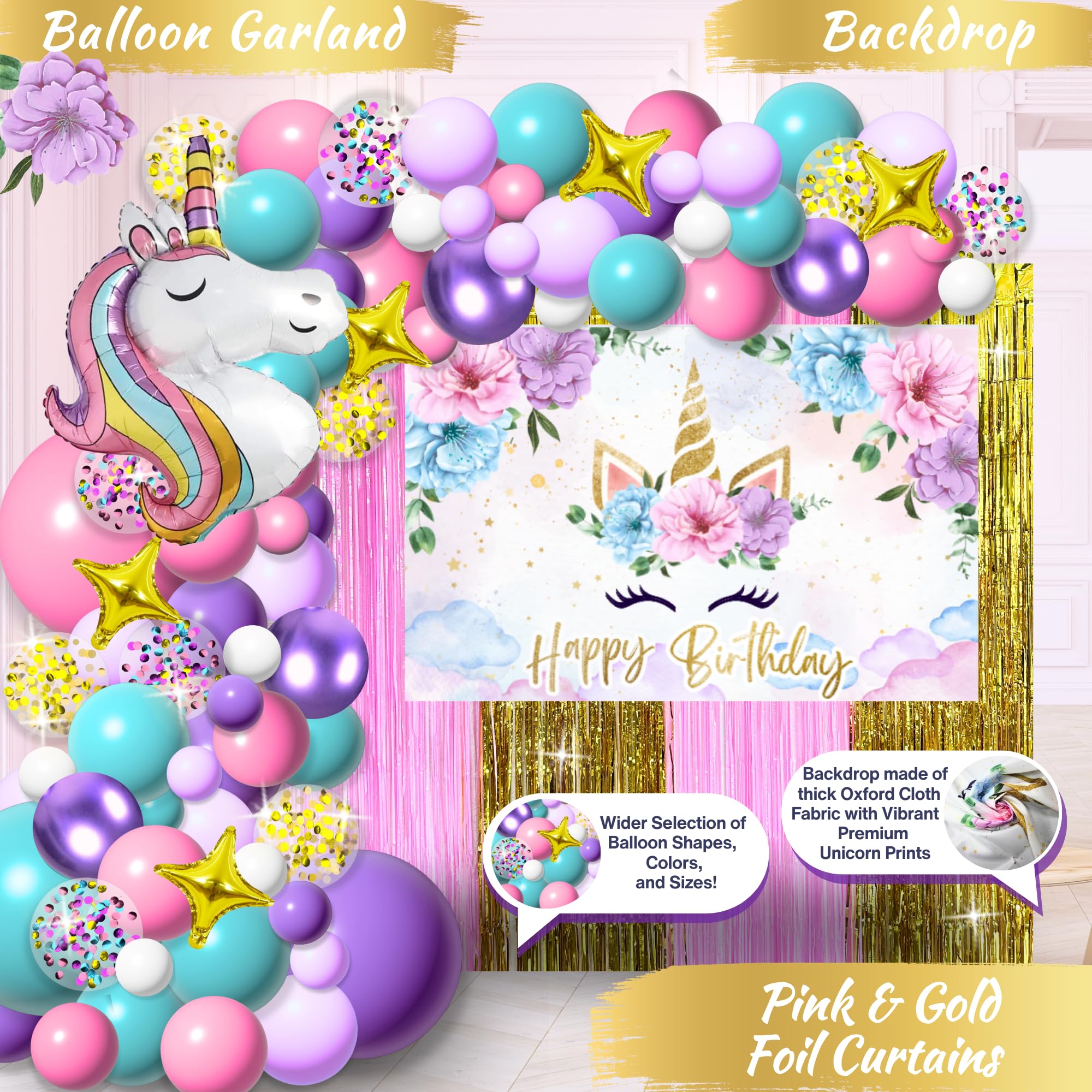 245 Pieces RainMeadow Unicorn Birthday Decorations for Girls Kit, All-in-1 Party Supplies Pack With Balloon Garland, Fringe Curtains, Foil Balloons, Backdrop, Crown, Sash - Pink, Purple, Teal, Gold