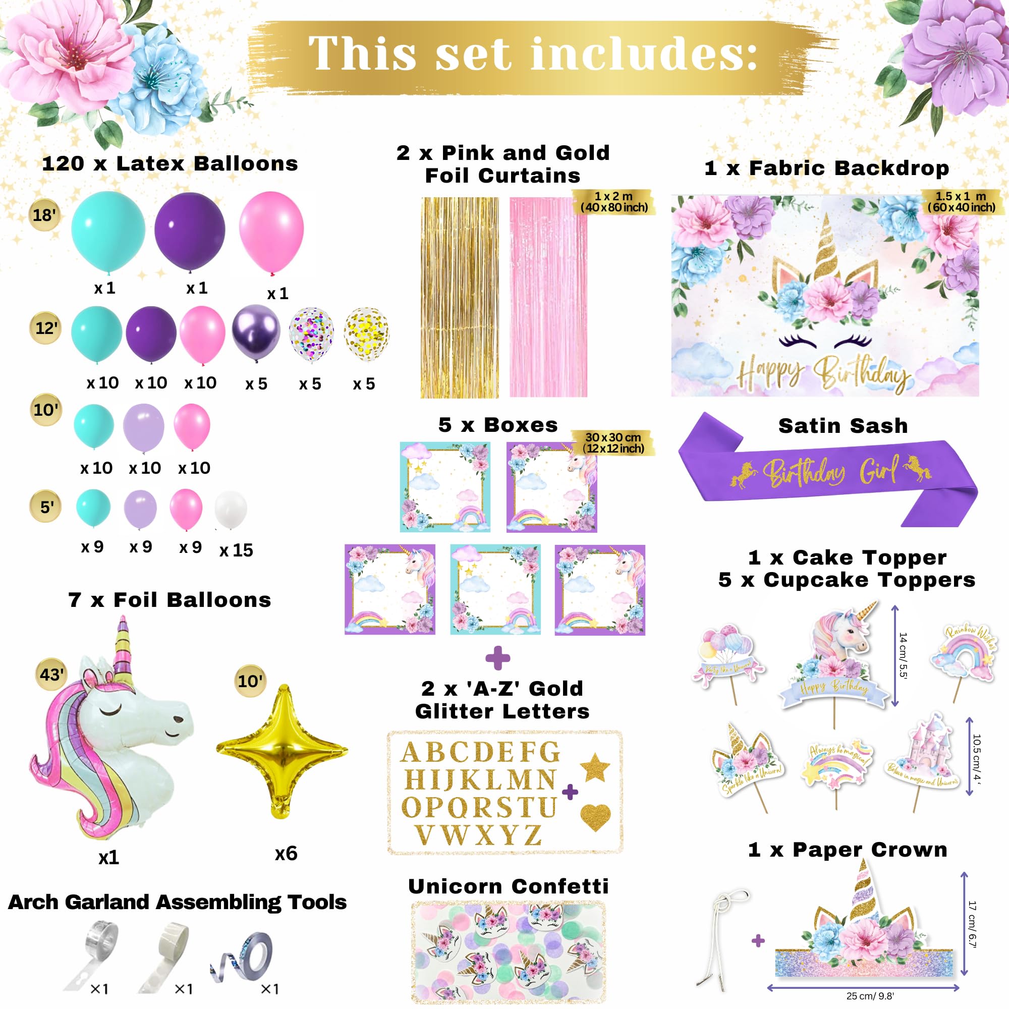 245 Pieces RainMeadow Unicorn Birthday Decorations for Girls Kit, All-in-1 Party Supplies Pack With Balloon Garland, Fringe Curtains, Foil Balloons, Backdrop, Crown, Sash - Pink, Purple, Teal, Gold