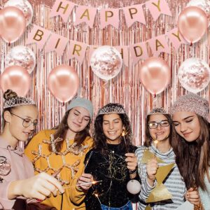 Sweet 16 Birthday Decorations for Girls, Rose Gold 16 Birthday Banner, Crown, Sash, Birthday Cake Topper and Number Balloon, Happy 16th Birthday Party Supplies for Girls