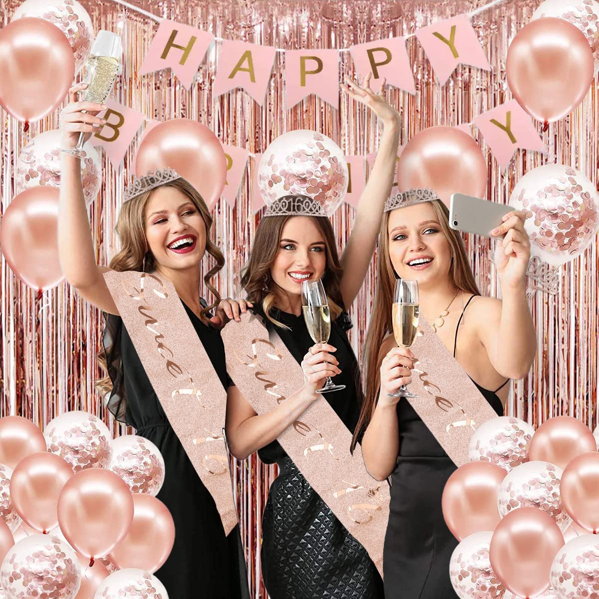 Sweet 16 Birthday Decorations for Girls, Rose Gold 16 Birthday Banner, Crown, Sash, Birthday Cake Topper and Number Balloon, Happy 16th Birthday Party Supplies for Girls