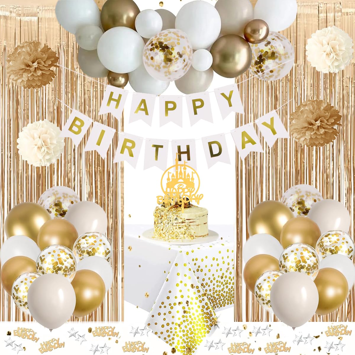 Gold Birthday Party Decorations for Women Men Beige Balloons Banner Tablecloth