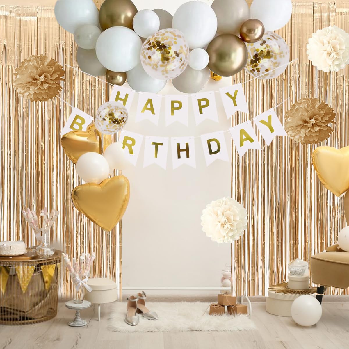 Gold Birthday Party Decorations for Women Men Beige Balloons Banner Tablecloth