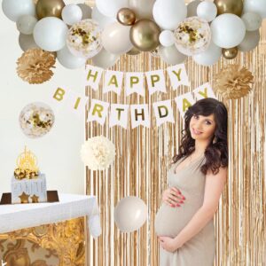 Gold Birthday Party Decorations for Women Men Beige Balloons Banner Tablecloth